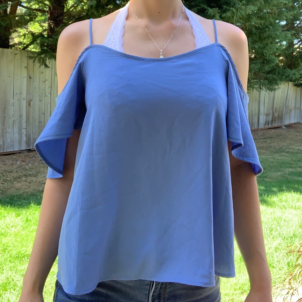 BP blue shoulderless crisscross back top